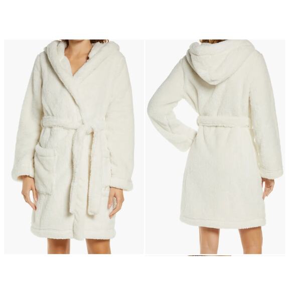 UGG Aarti Faux Shearling Hooded Robe Sz L cozy Large cream sherpa MSPR $98 - Picture 5 of 9